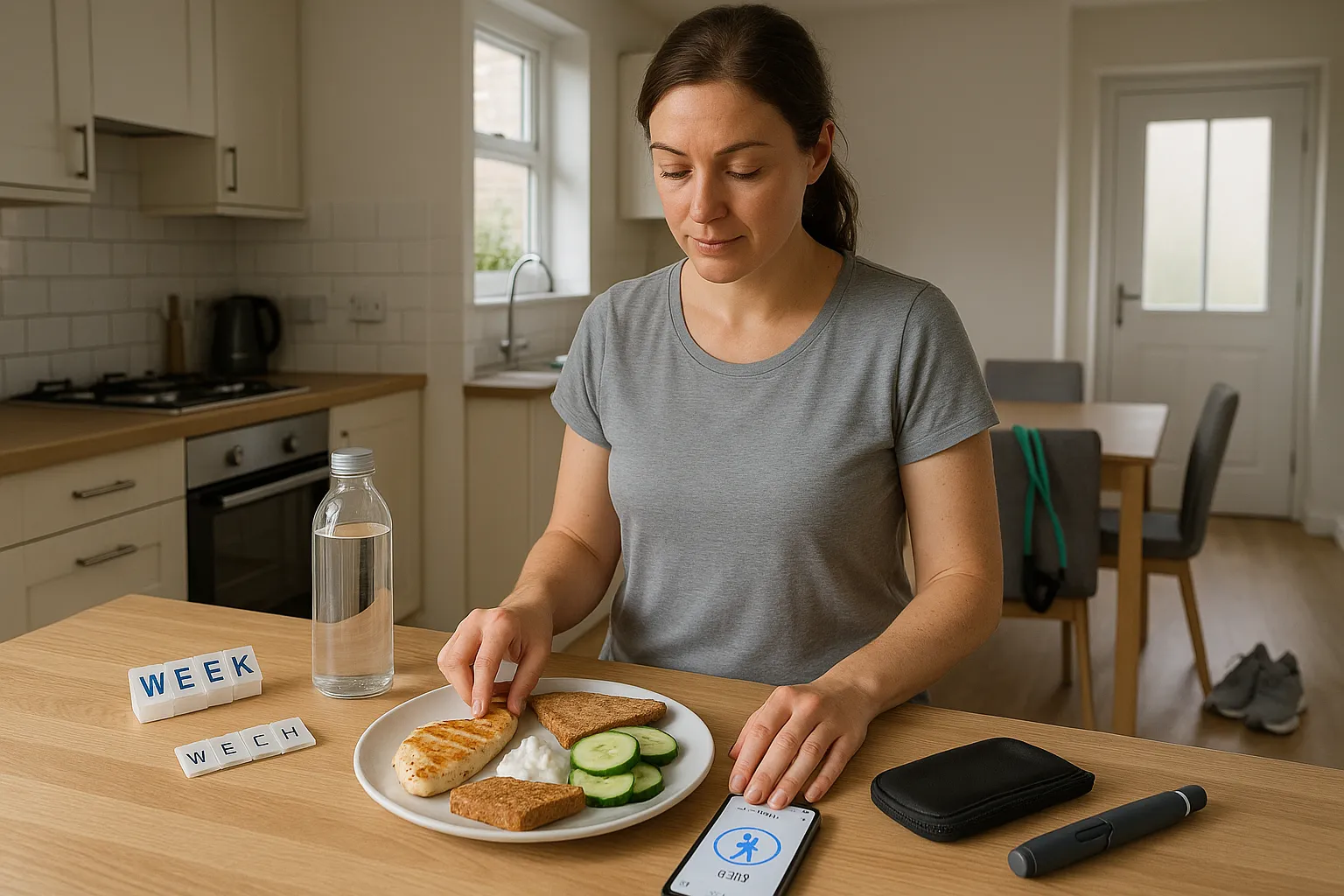 Woman preparing a healthy meal and water beside her weekly Mounjaro routine.