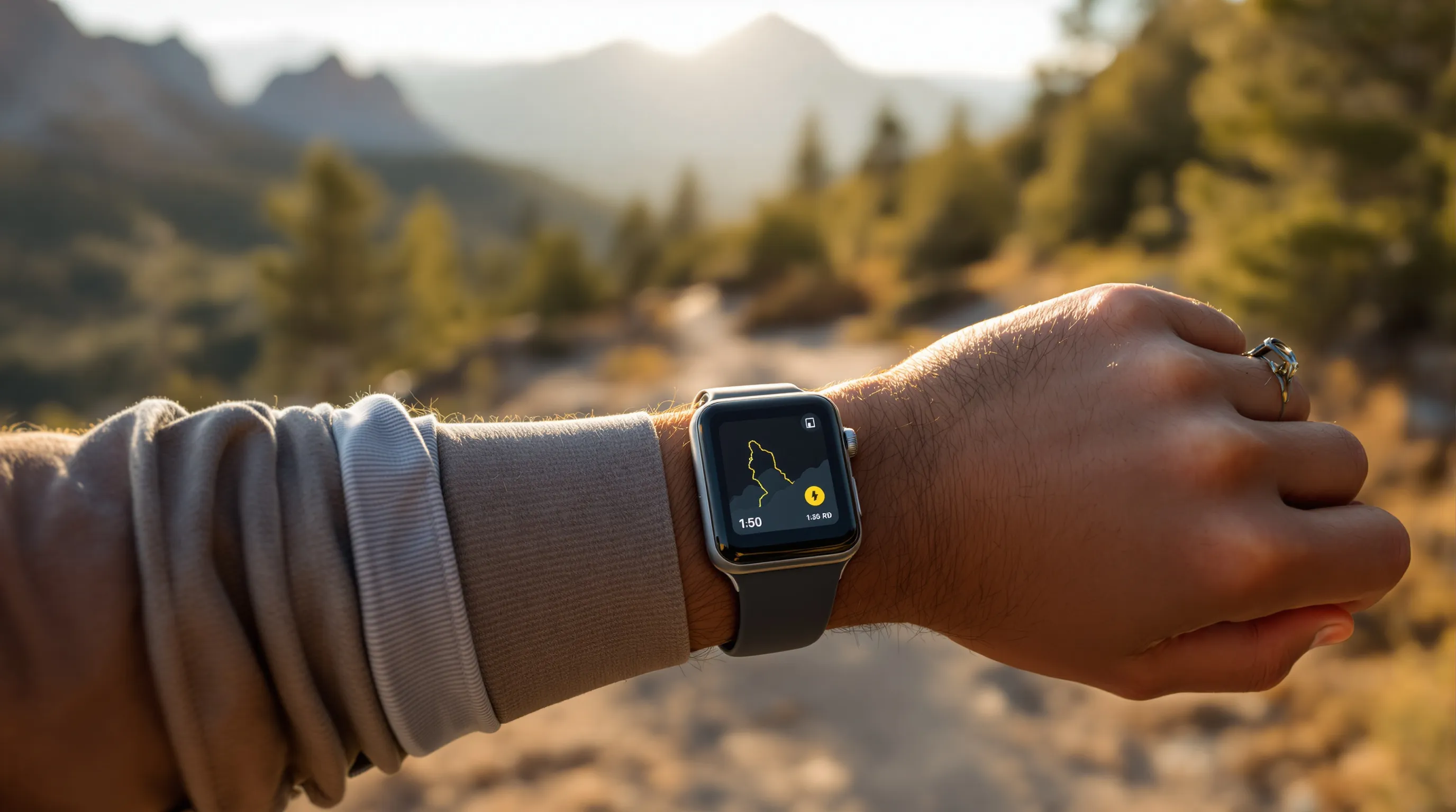 Trail runner checks Apple Watch Low Power Mode on a mountain trail.