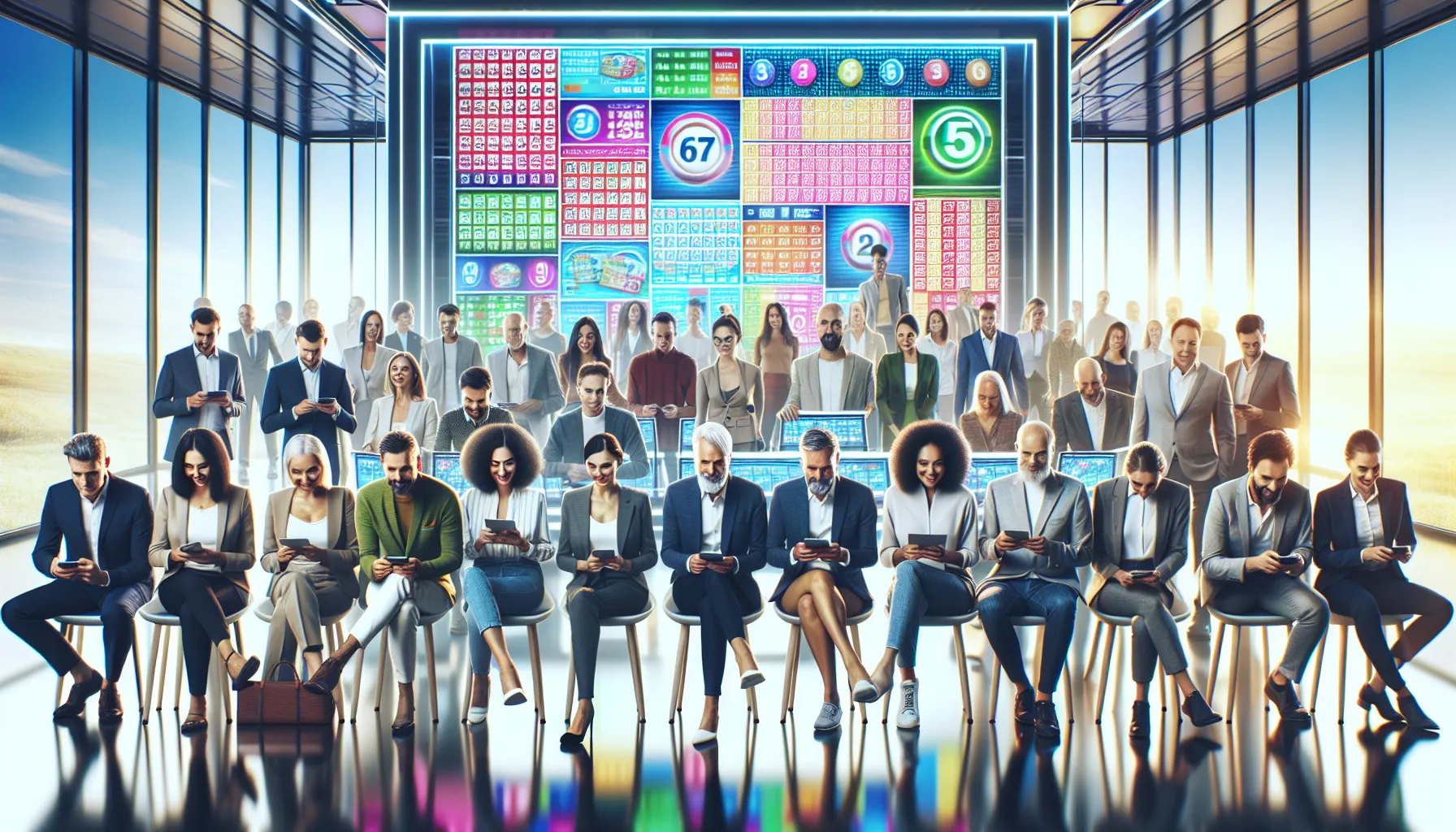 diverse group engaging with a digital lottery display in a modern office.