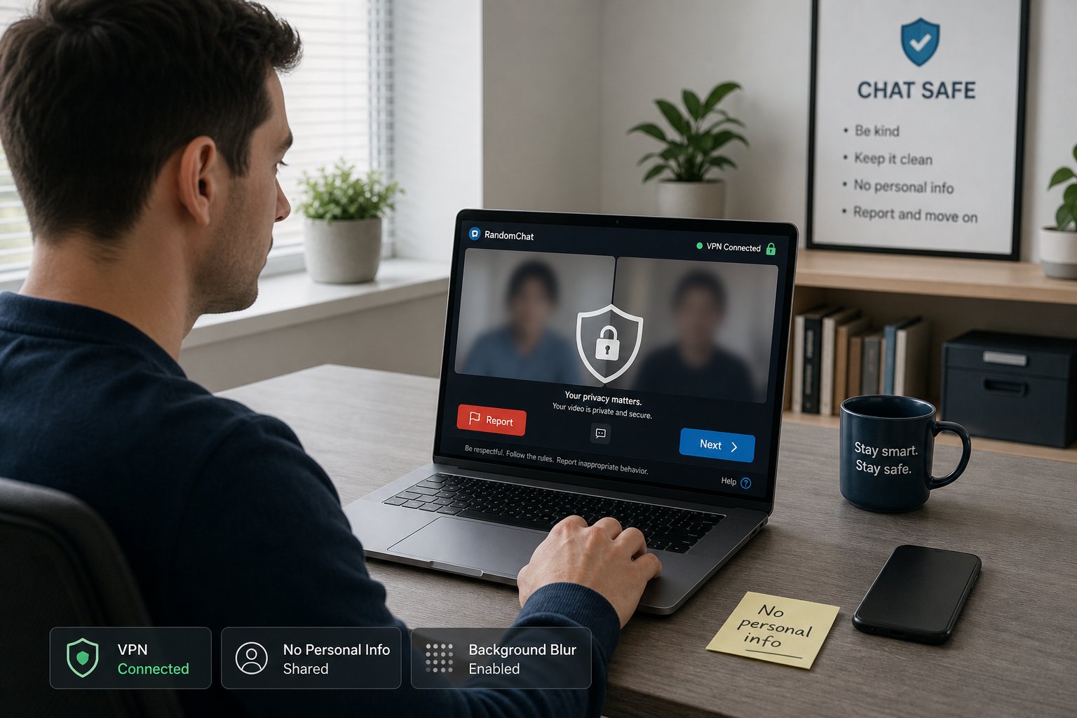 Professional using a laptop video chat with visible report and privacy safeguards.