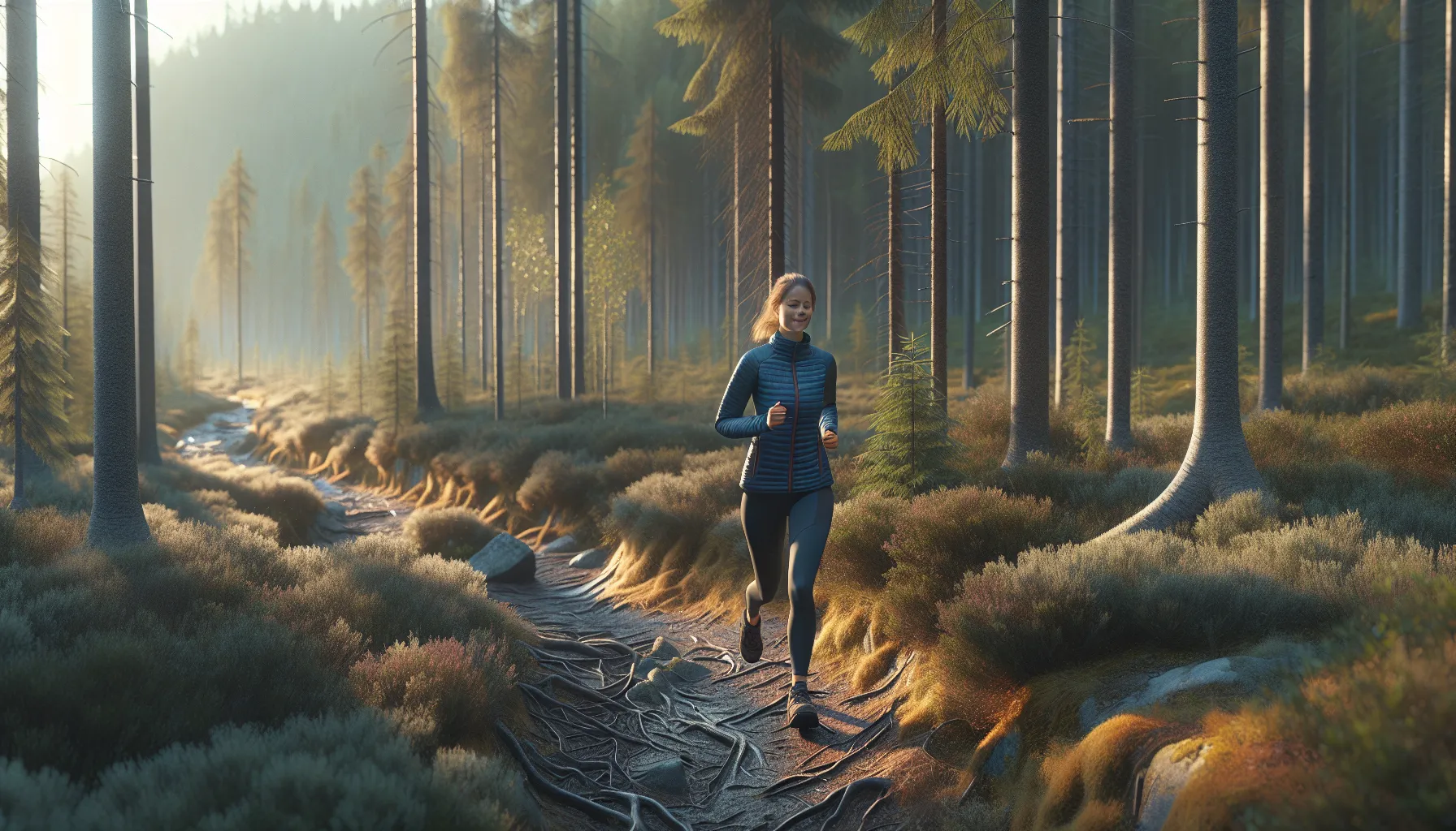 Norwegian woman walking briskly on a sunlit forest trail, looking calm and energized.