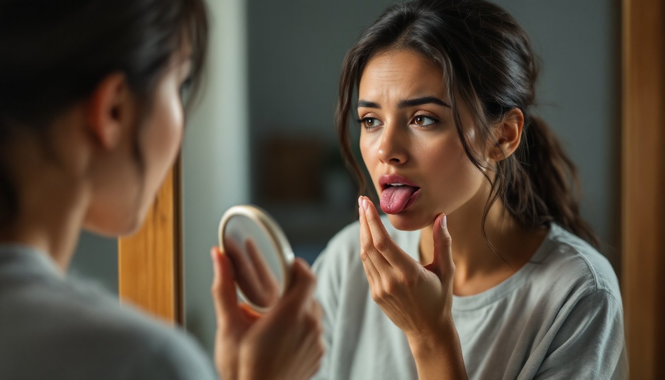 Woman examining her tongue in a bathroom mirror during early morning.