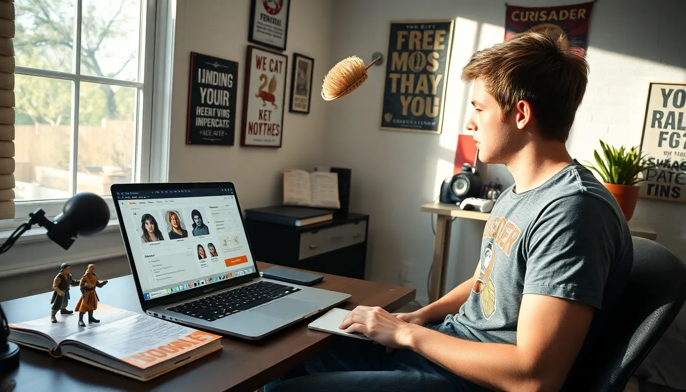 a young man using CK2Generator on his laptop in a home office.