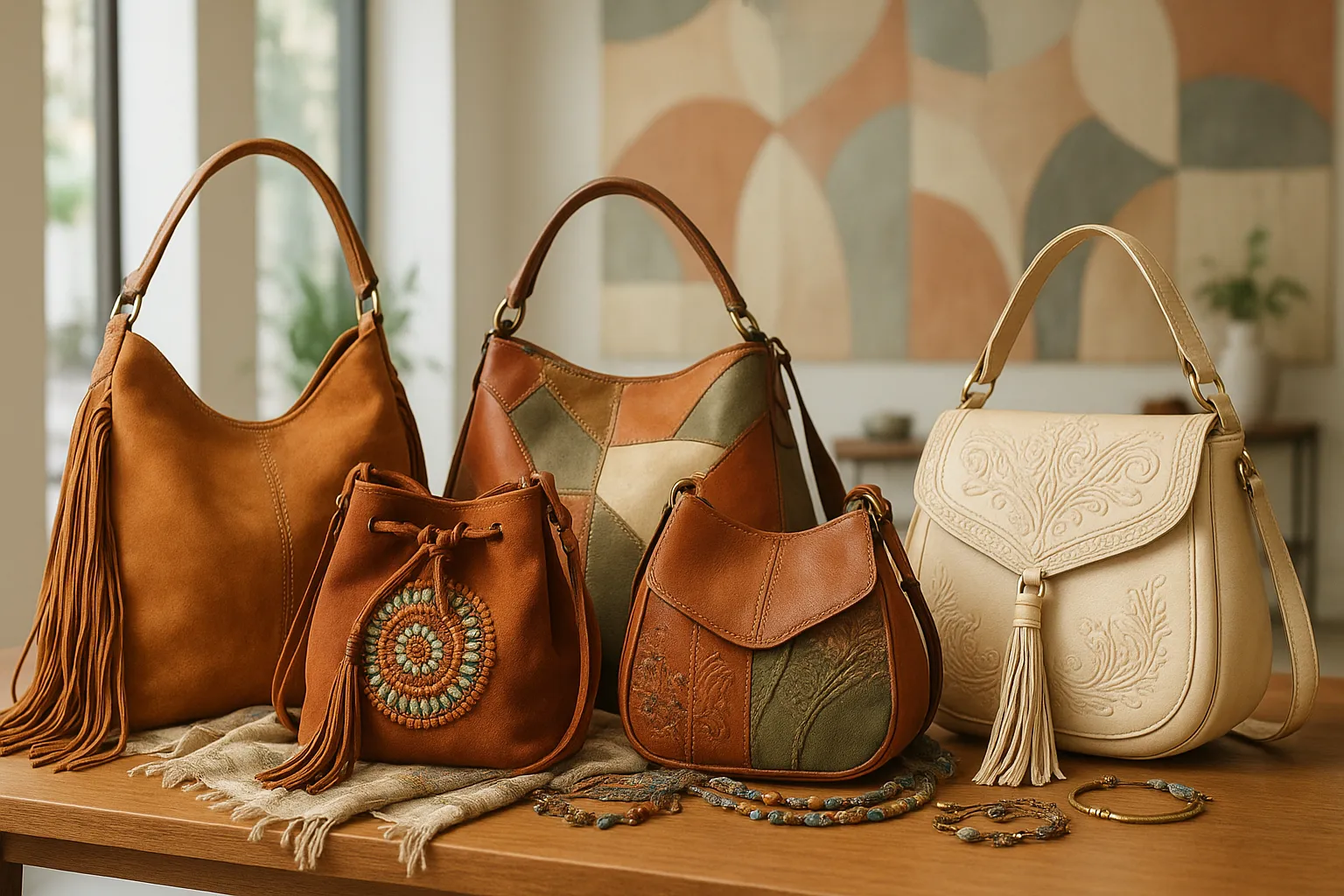 boho chic designer handbags on a stylish boutique table