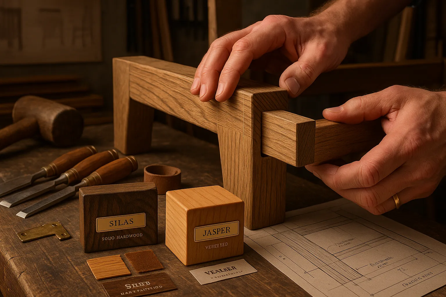 Craftsman fitting a solid hardwood mortise-and-tenon joint with Silas and Jasper samples.