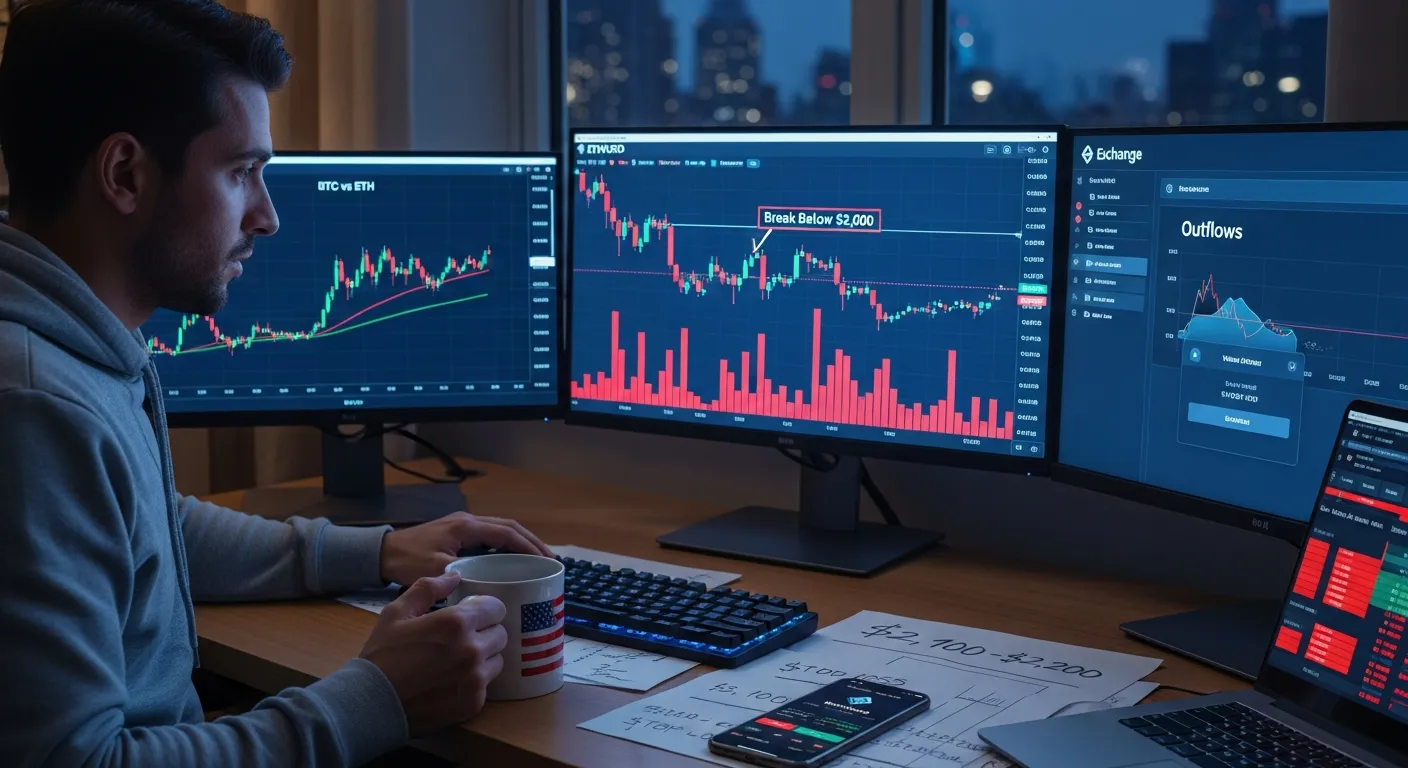 Trader at desk watching ETH chart plunge below $2,000 with high volume.