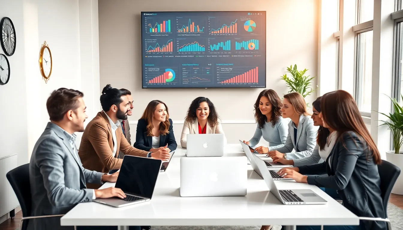 diverse team collaborating in a modern office on software solutions.