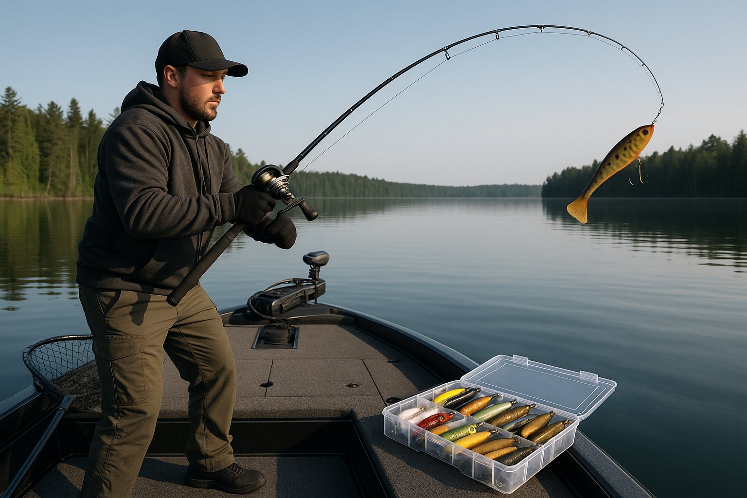 Angler on a boat using heavy musky fishing gear.