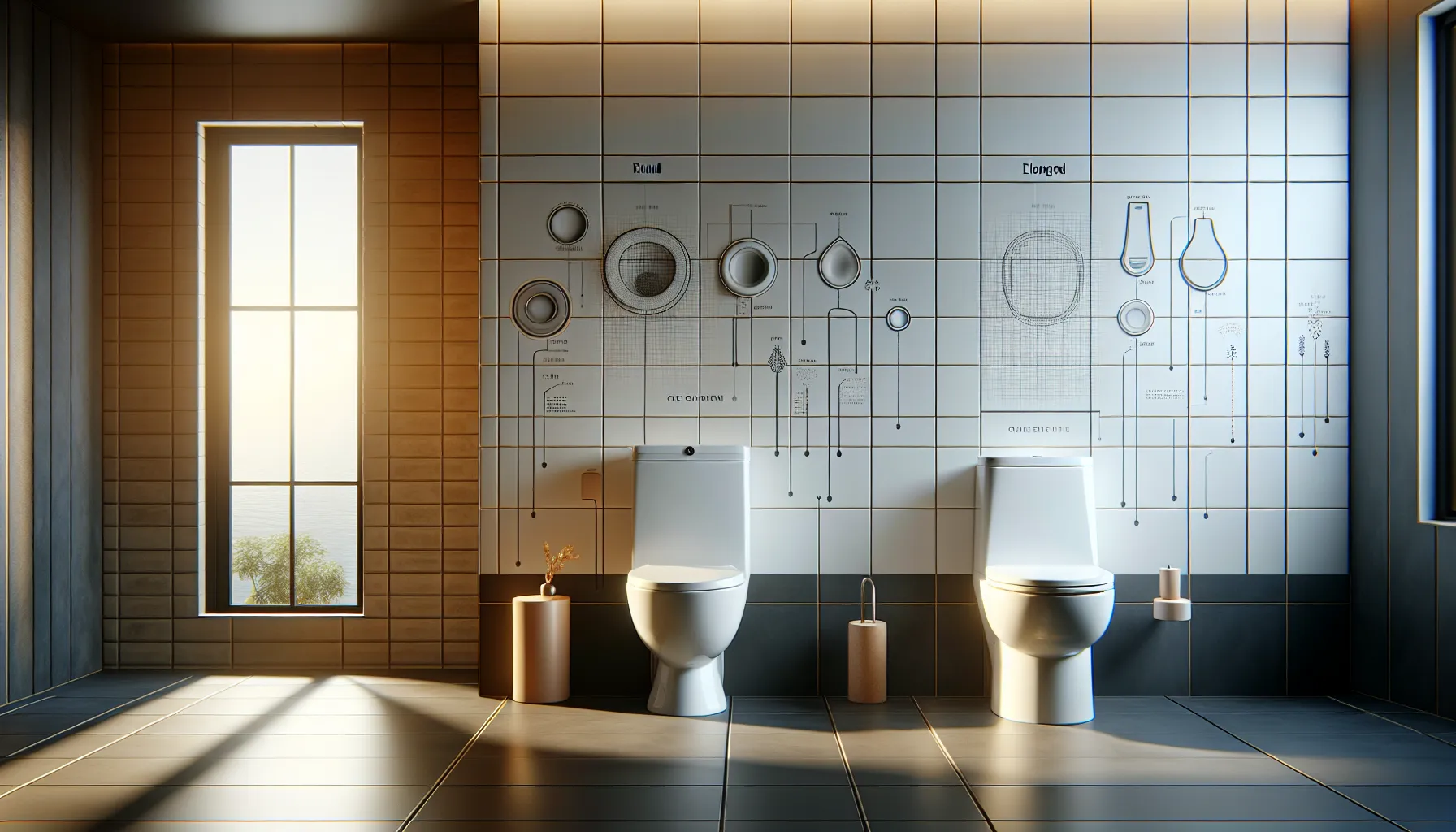 A comparison of round and elongated toilet bowls in a stylish bathroom.