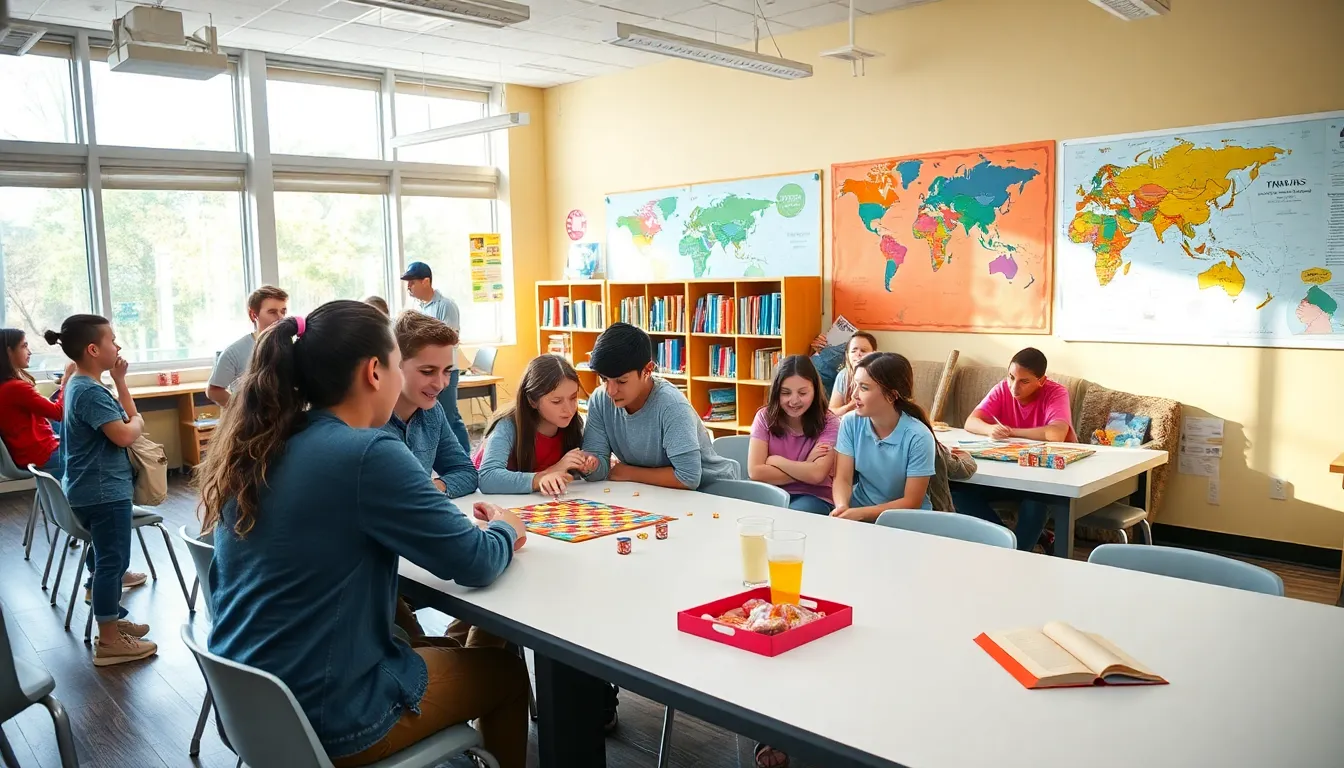Middle schoolers enjoying interactive learning activities in a vibrant classroom.