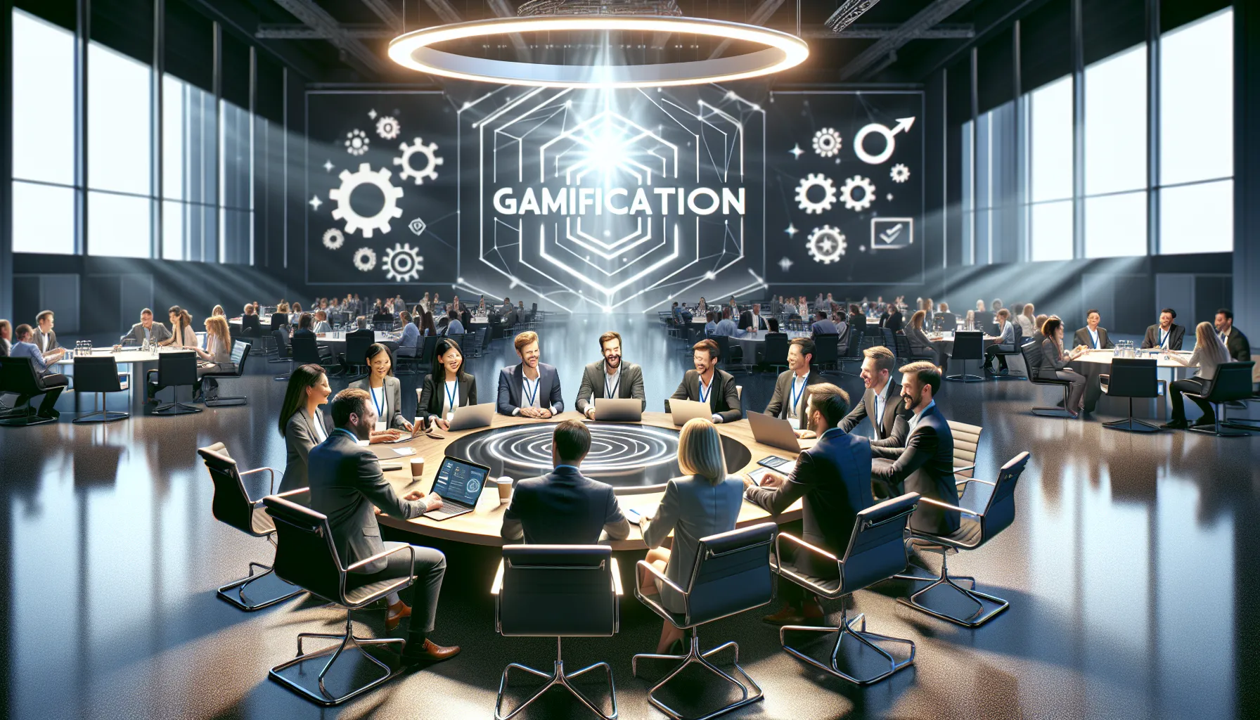 diverse professionals engaging at a gamification summit conference.