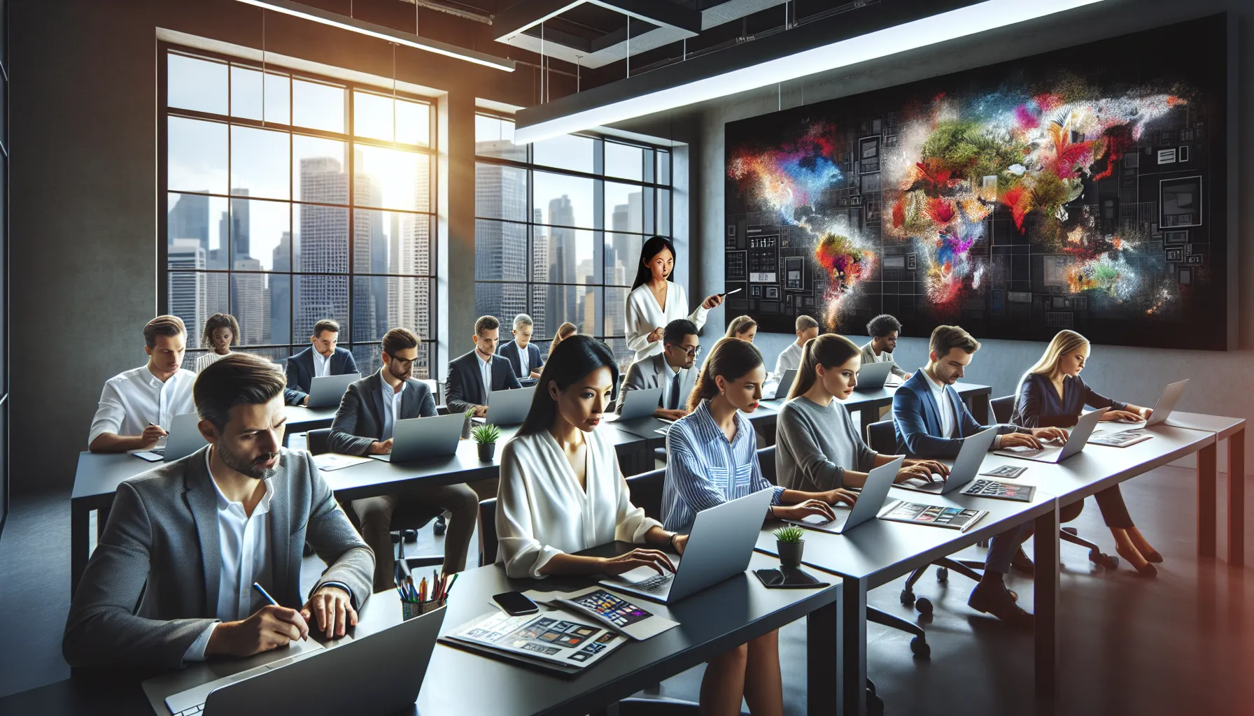 diverse group of adults learning Photoshop in a modern classroom setting.