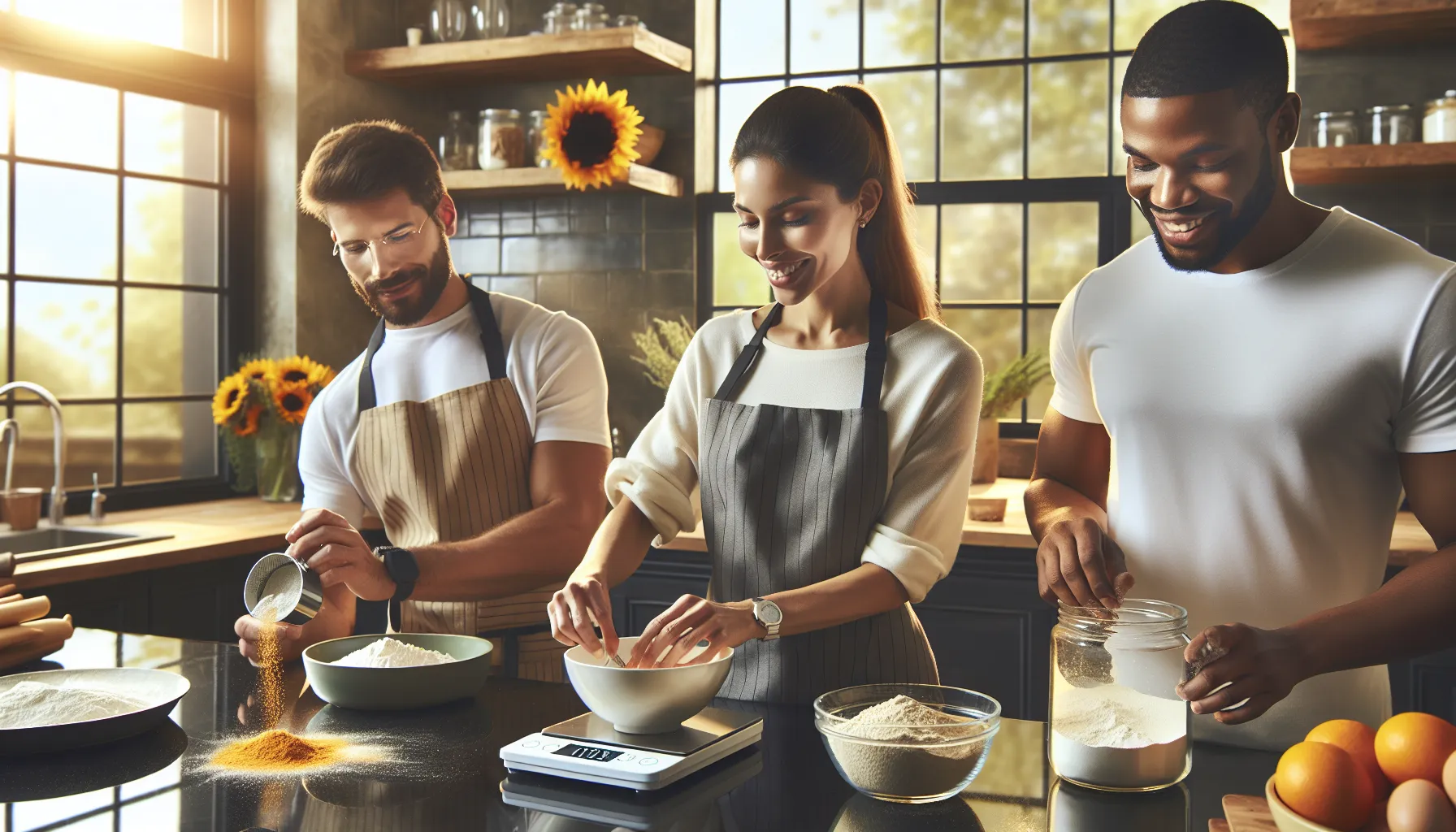 team measuring ingredients in a modern kitchen setting.