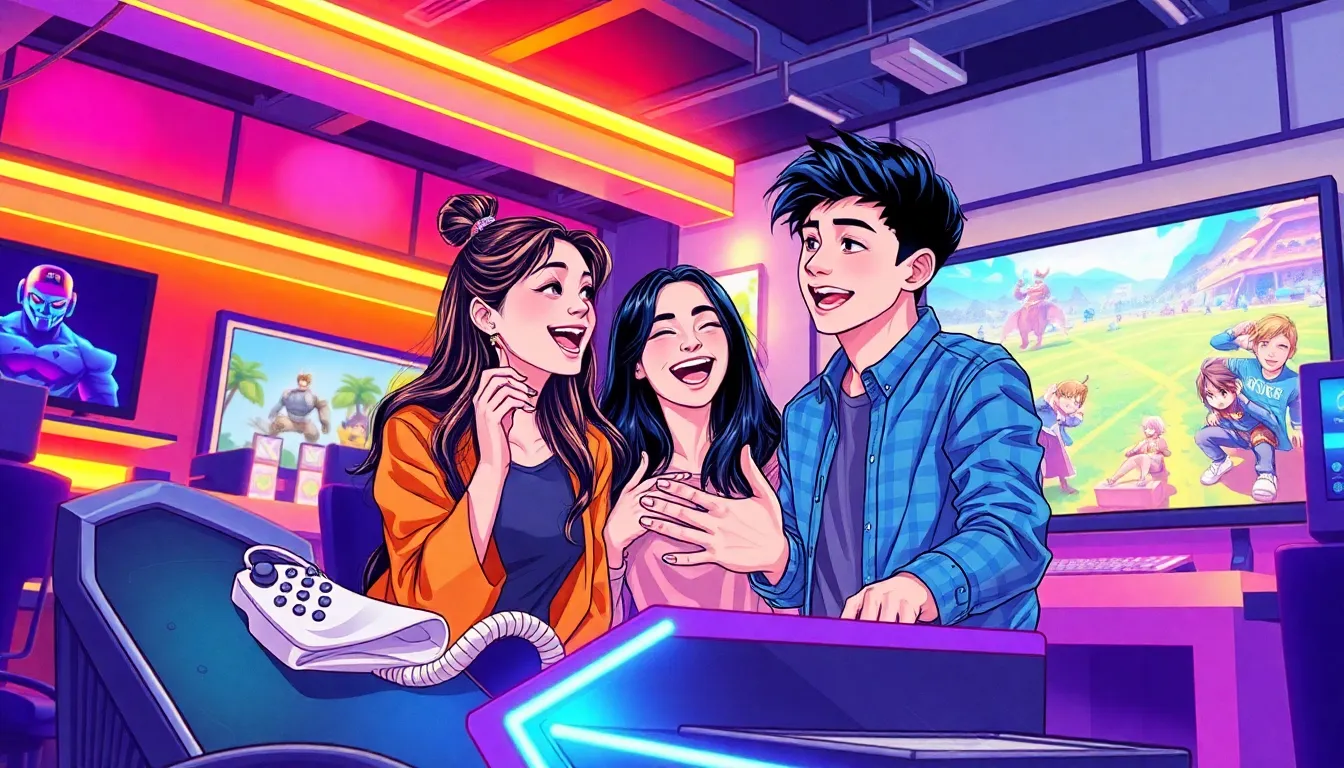 diverse group enjoying gaming in a vibrant lounge.