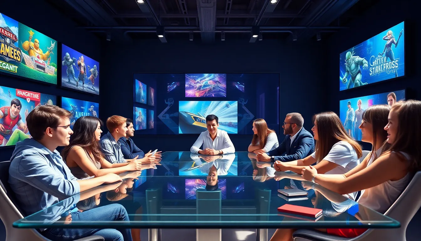 diverse team collaborating in a modern gaming studio.