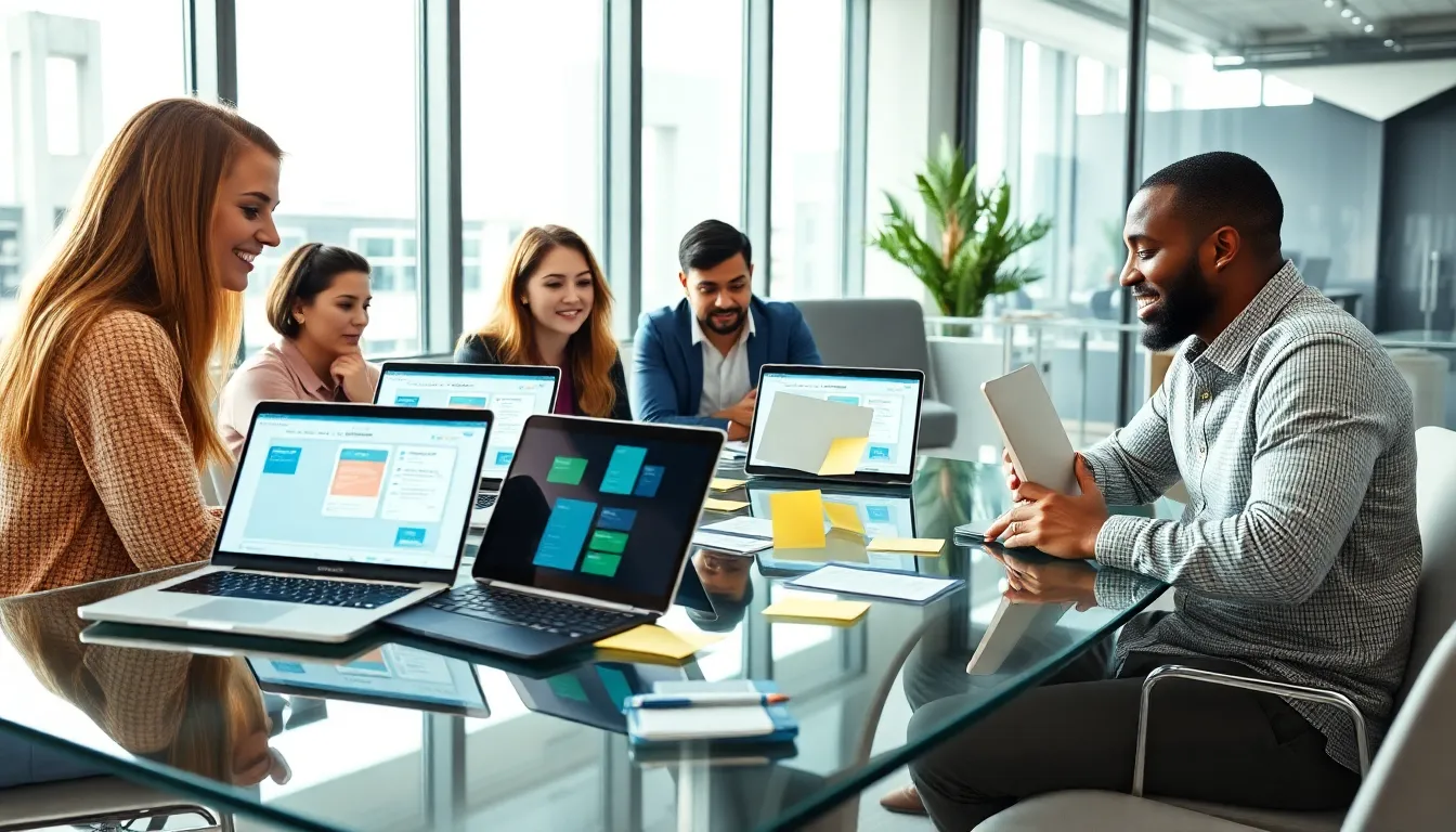 diverse team collaborating on low code development in a modern office.