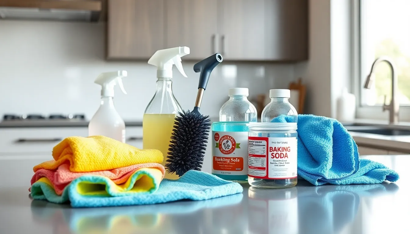 Essential cleaning tools displayed in a modern kitchen.