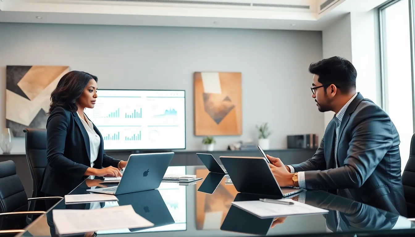 diverse professionals discussing asset liquidation in a modern office.