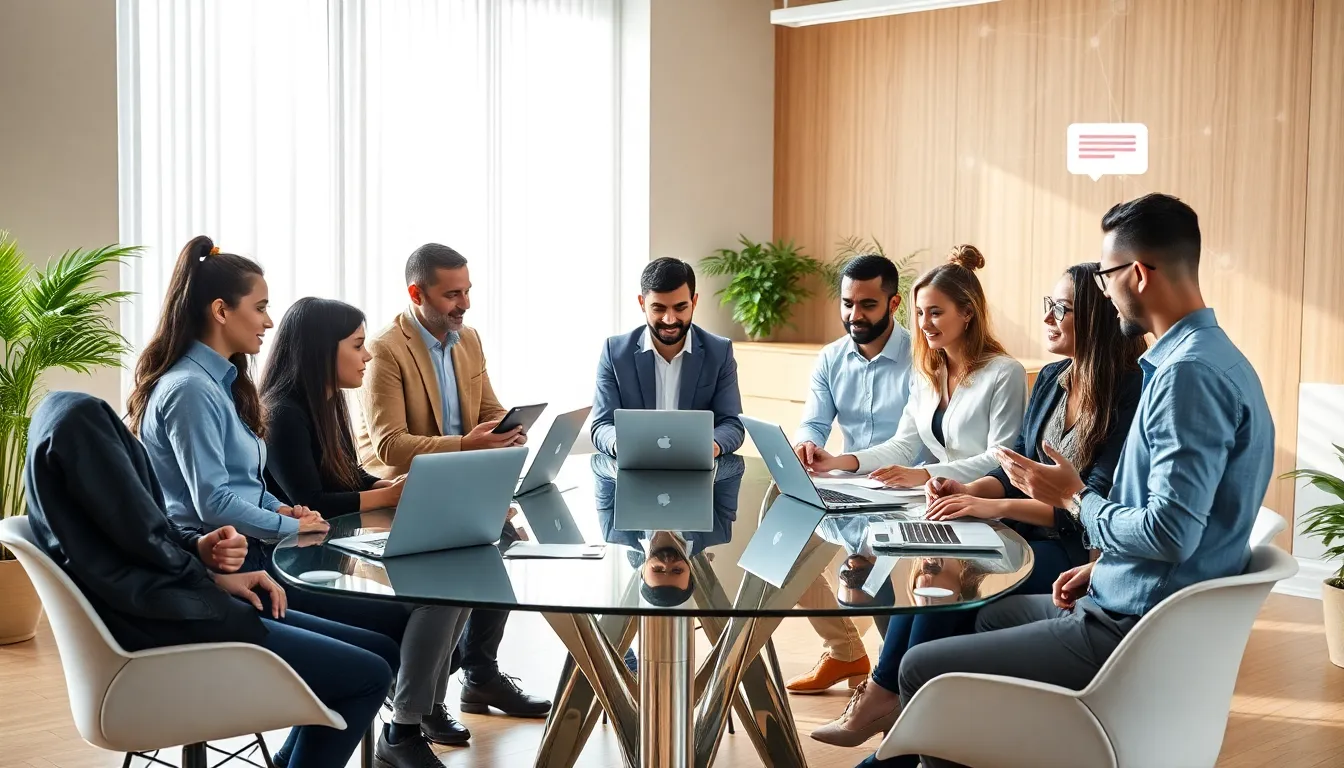 diverse professionals collaborating in a modern co-working space.