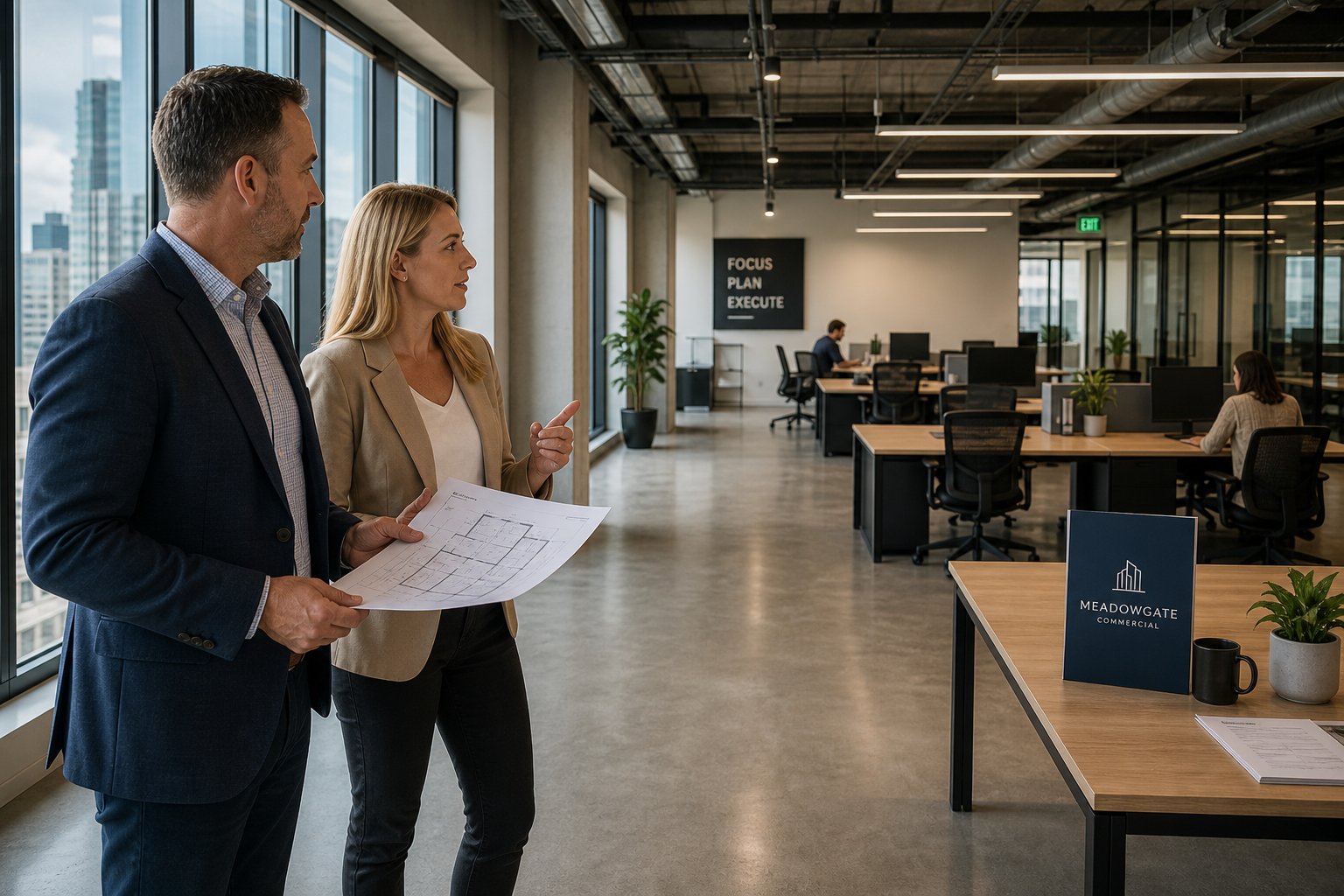 Commercial Mortgage Brokers Preston 9 Investor and mortgage broker discussing an office unit interior with floor plans.
