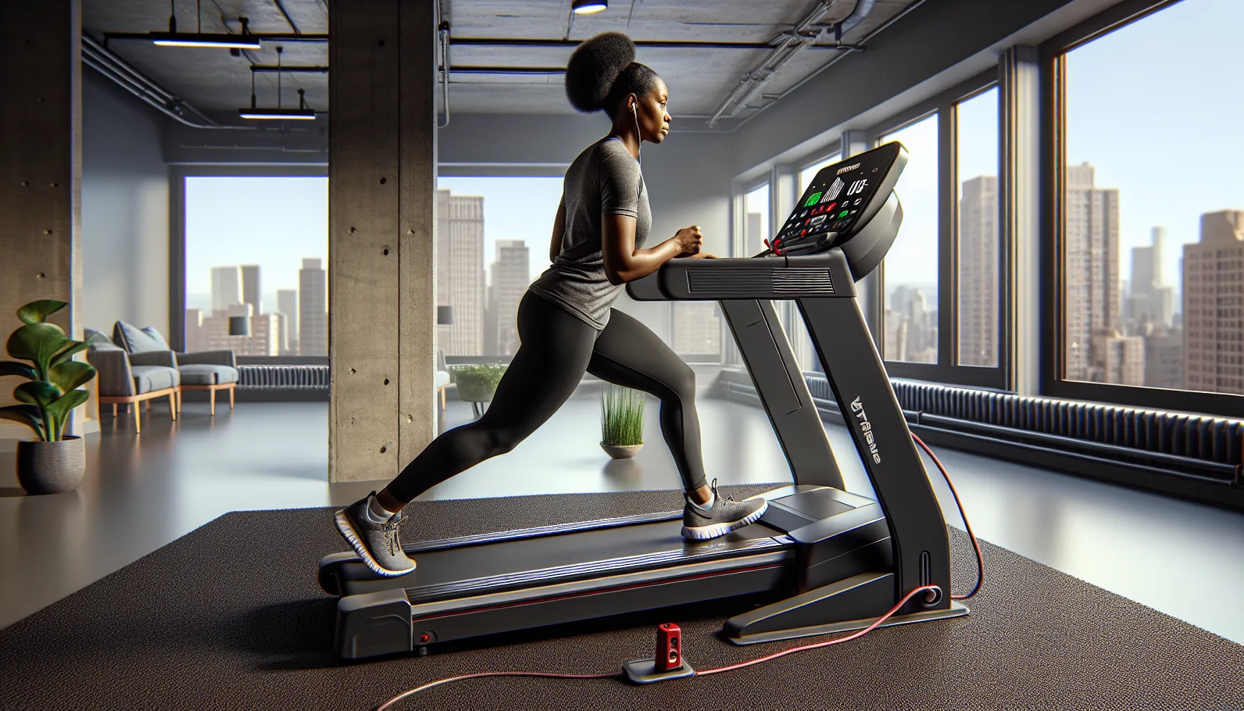 Woman levels an incline treadmill on a dense mat with safety key clipped.
