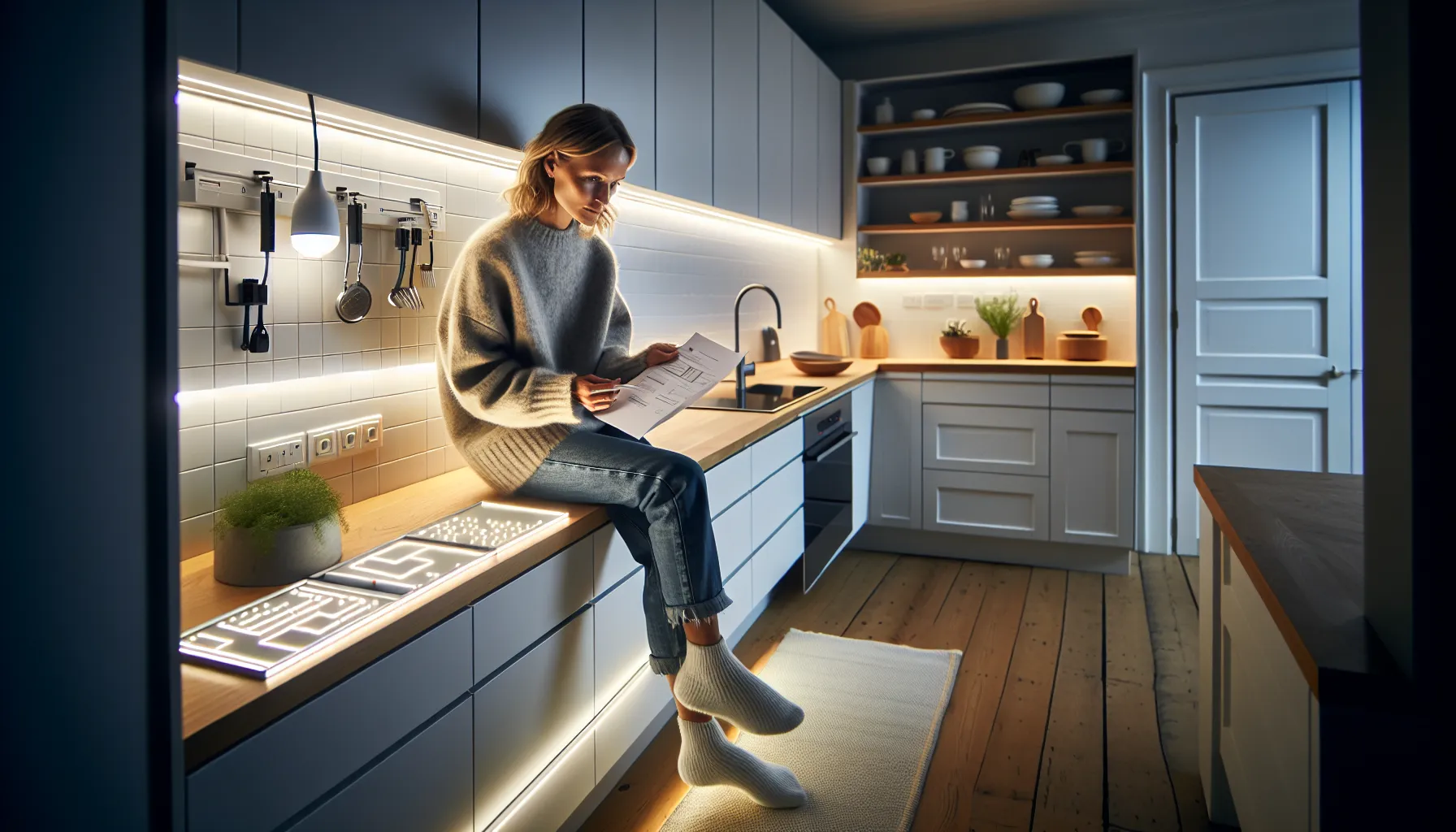 Woman in a modern norwegian kitchen comparing different undercabinet led lighting options.