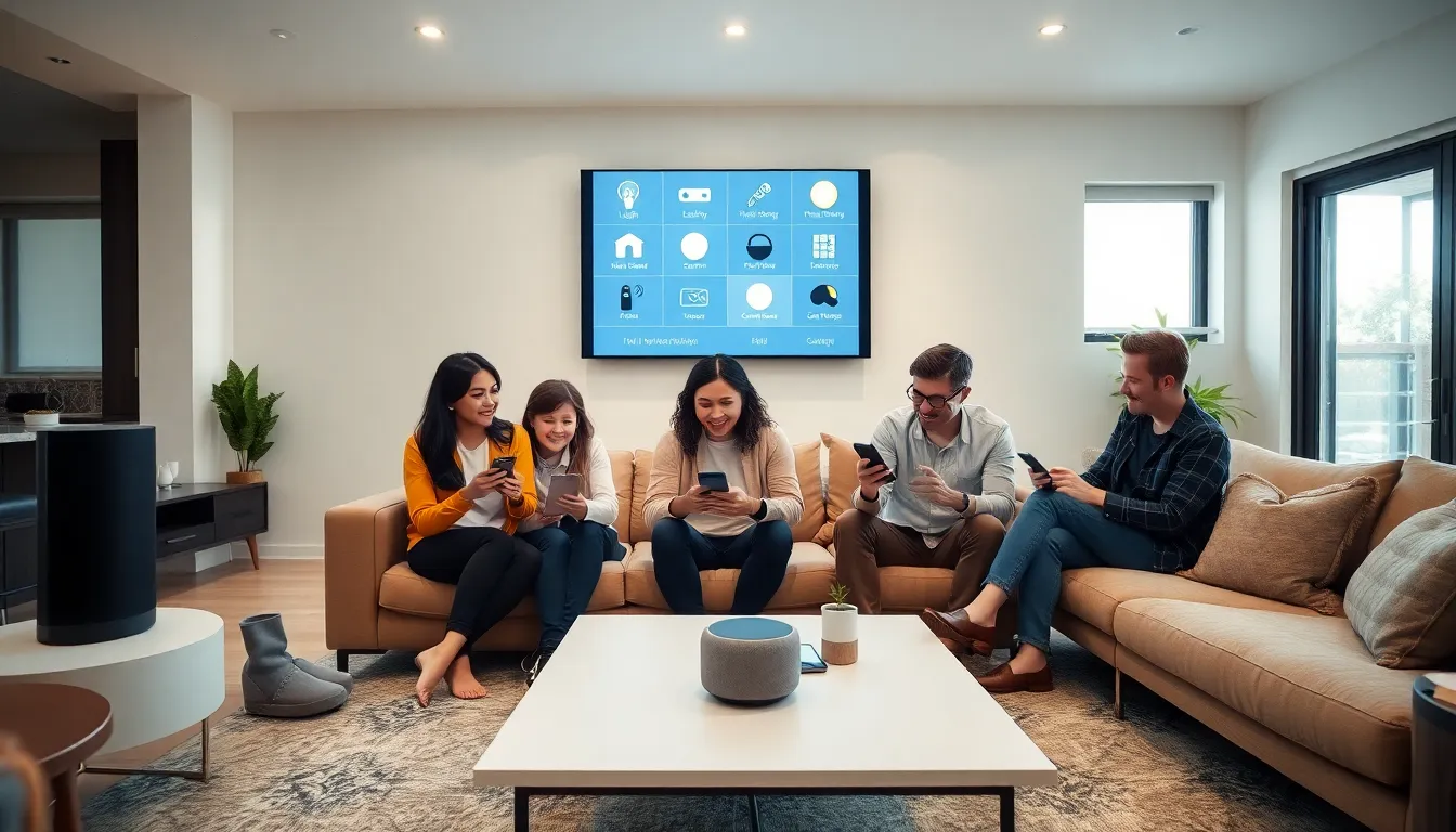 family using smart devices in a modern living room.