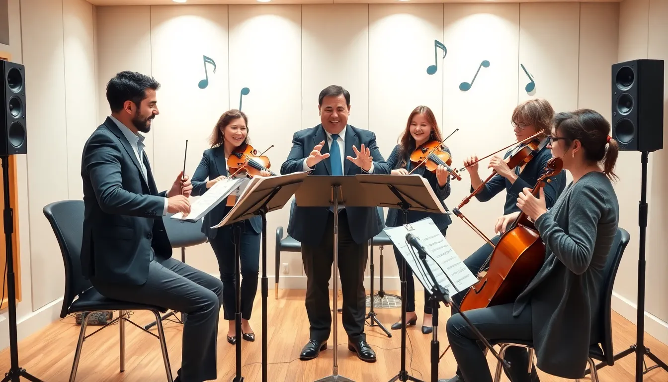 musicians performing light classical music in a modern studio.