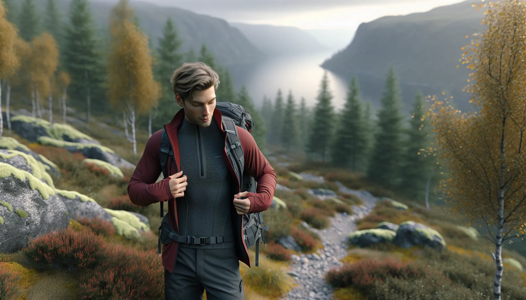 Norwegian hiker adjusting layered clothing on a cool, windy fjord-side trail.