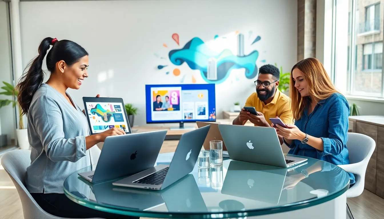 diverse team collaborating on no code software development in a modern office.