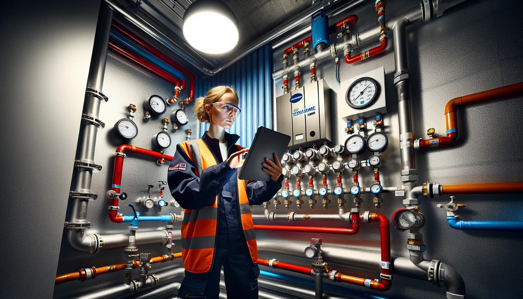 Norwegian plant room with district heating substation, pumps, and zone manifold.