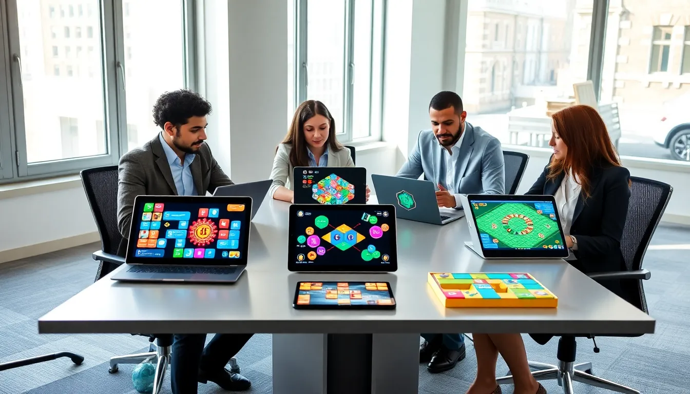 professionals collaborating over smart games in a modern office.