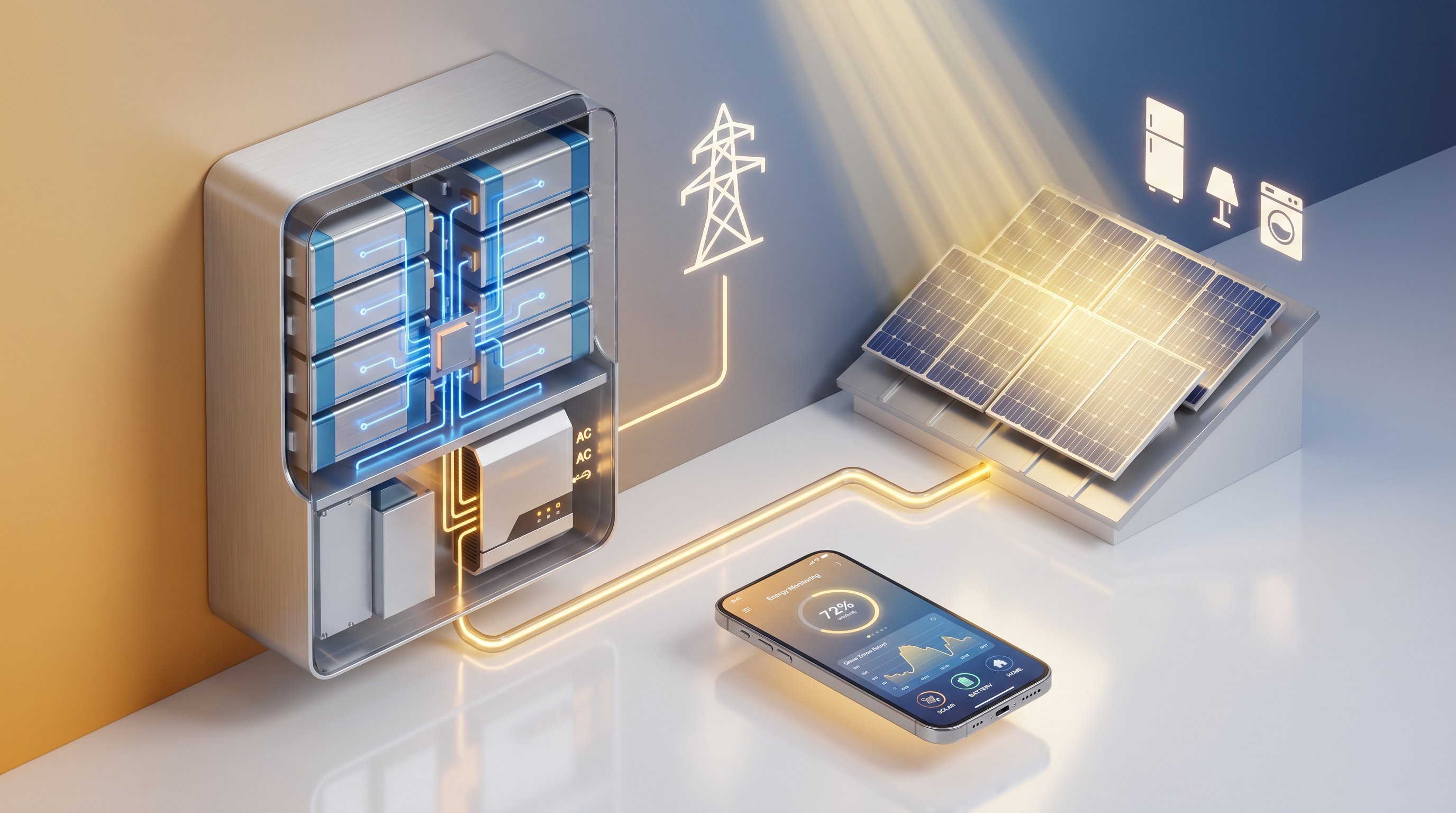 3D cutaway render of home battery storage system showing internal components and energy flow diagram.