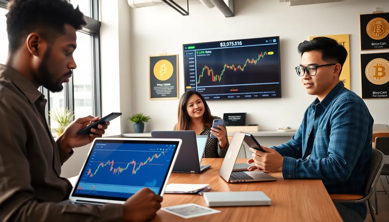 young adults discussing Bitcoin variants in a modern office space.