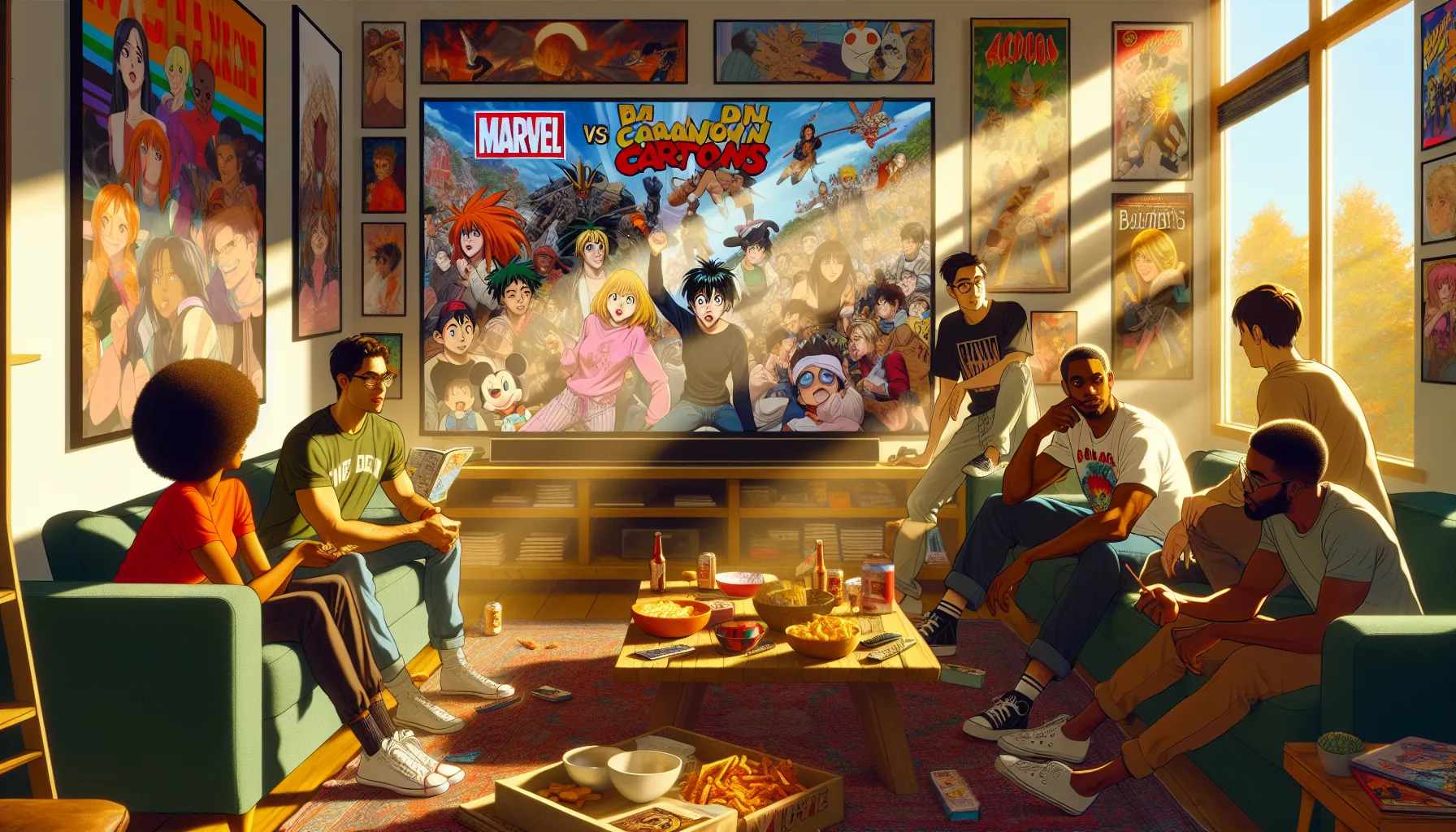 A diverse group of friends watching anime and cartoons in a cozy living room.