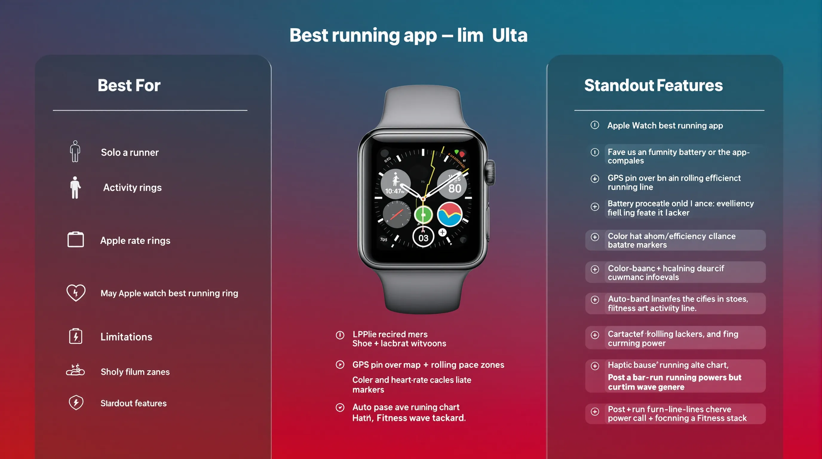 Infographic showing Apple Watch running app features, best uses, and limits.
