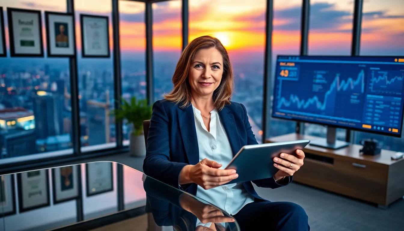 Rebecca Applewhite in a corporate office, engaging with technology as CEO of Bitclassic.