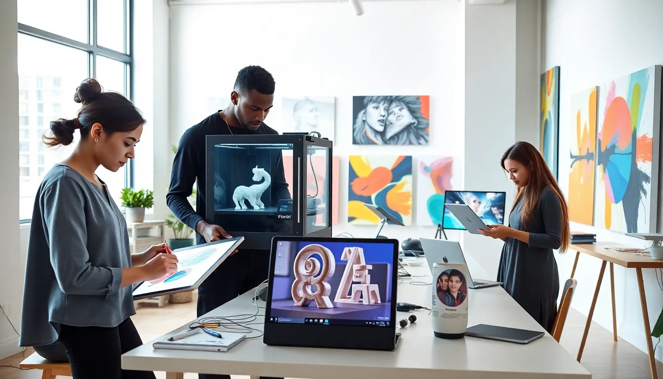 diverse artists collaborating in a modern art studio using technology.