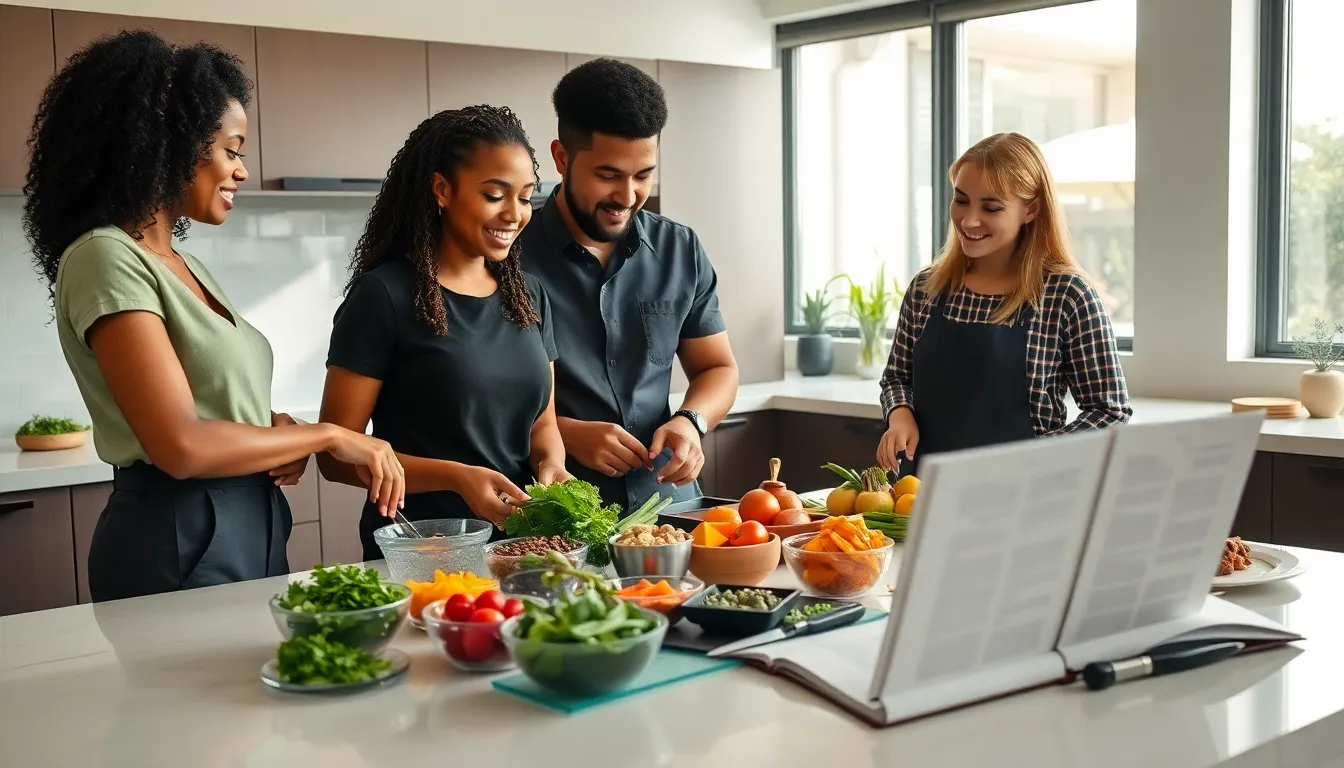 diverse team exploring ingredients in a modern kitchen.