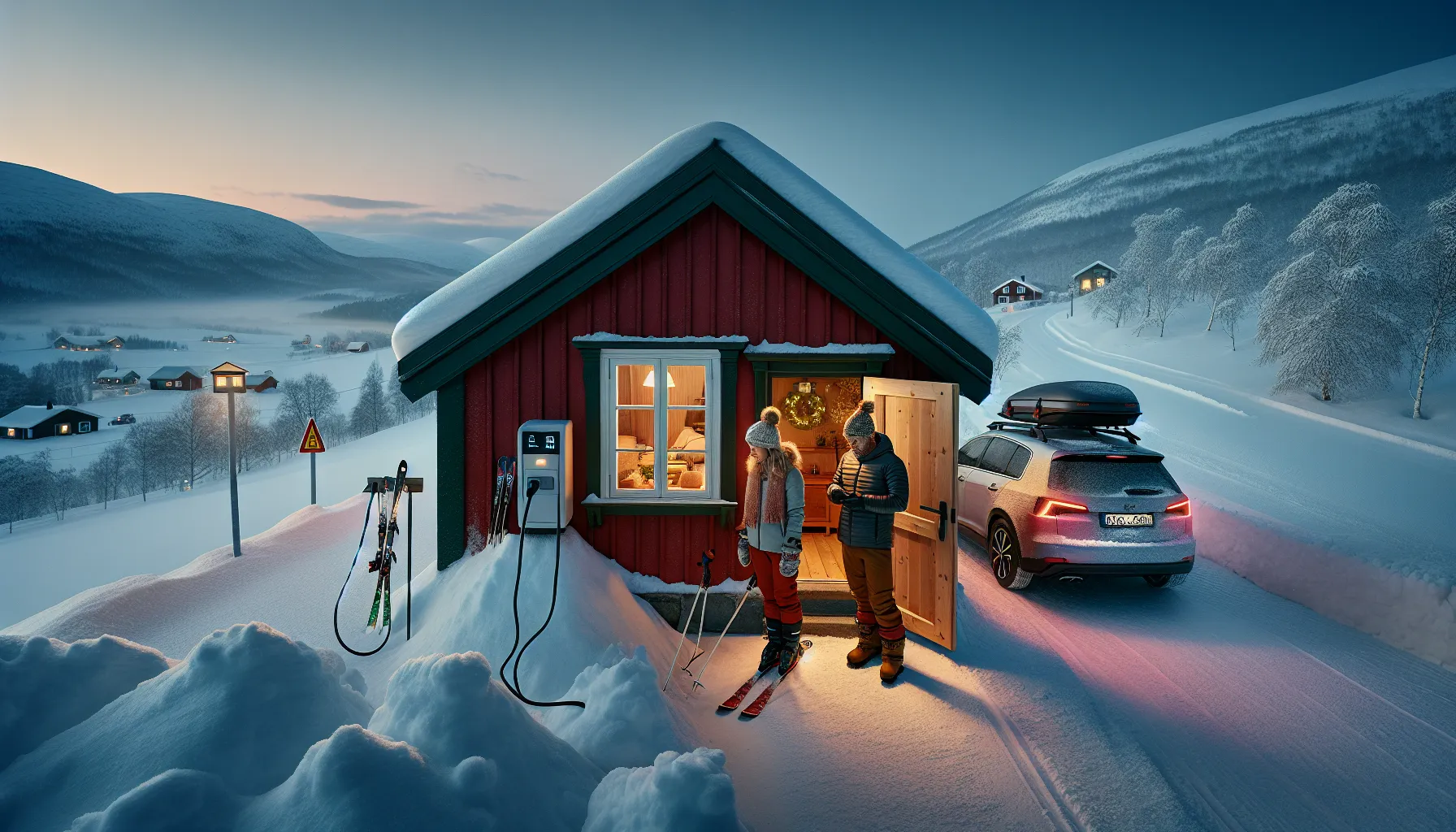 Couple evaluating a norwegian winter cabin’s access, amenities, and safety at dusk.