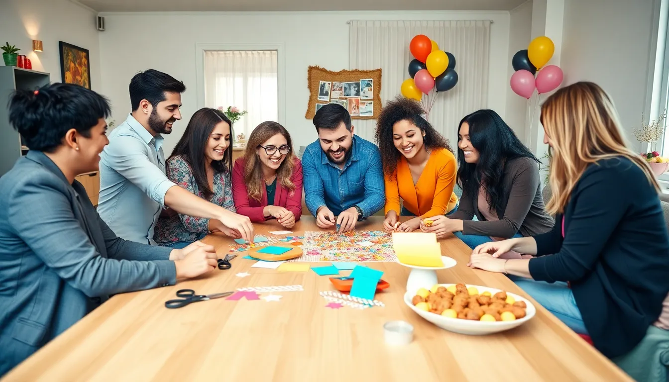 diverse friends planning a budget-friendly celebration in a modern living room.