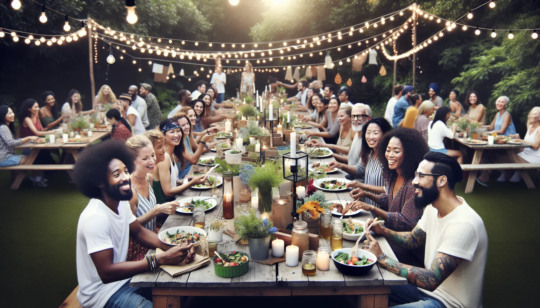 diverse group enjoying a budget-friendly outdoor event with DIY decorations.