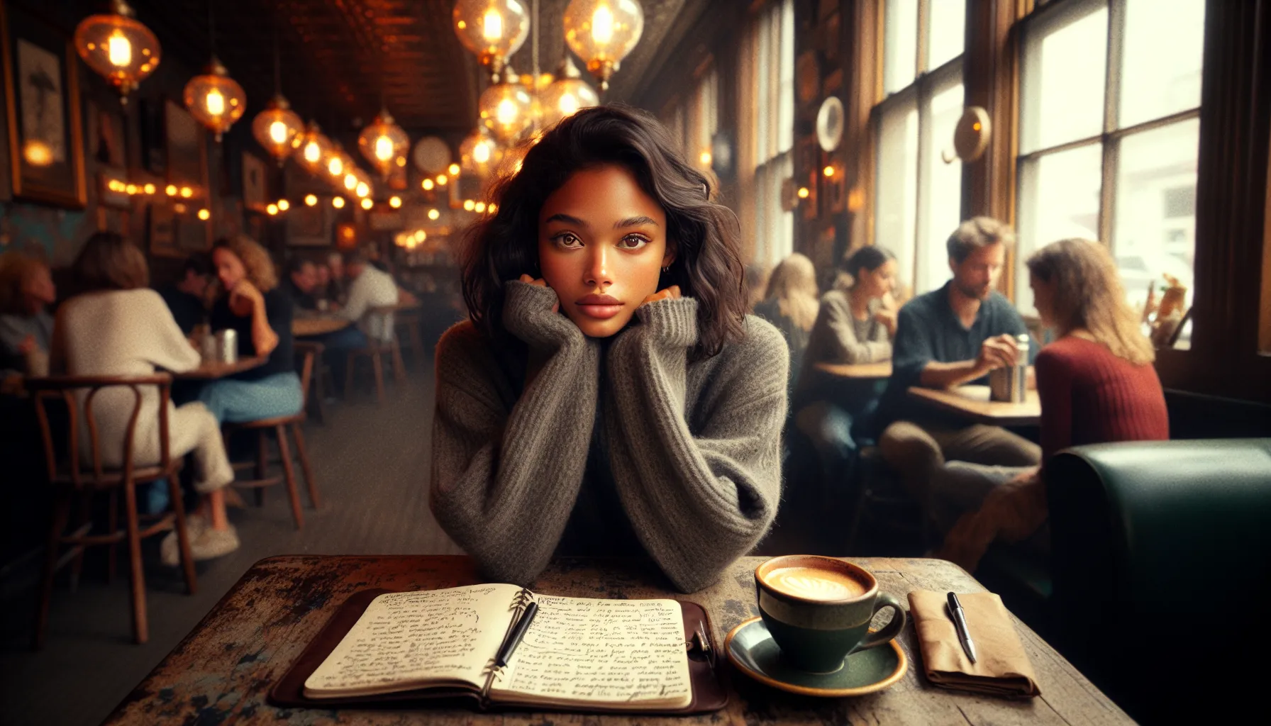 a young woman reflecting on personal struggles in a warm café setting.