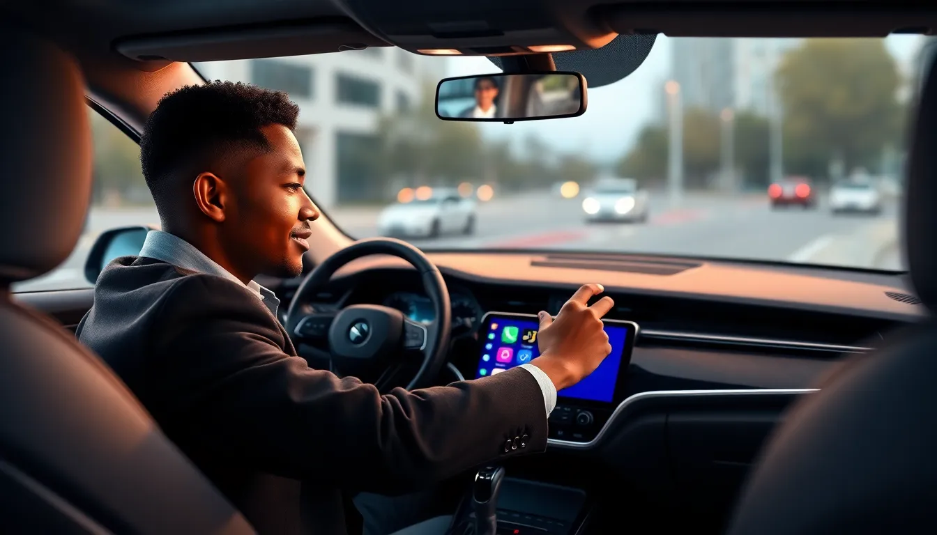 Driver using Apple CarPlay features in a modern car interior.