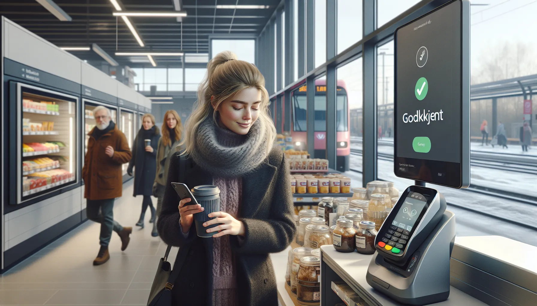 Young woman paying contactlessly with smartphone at norwegian store counter during rush hour.