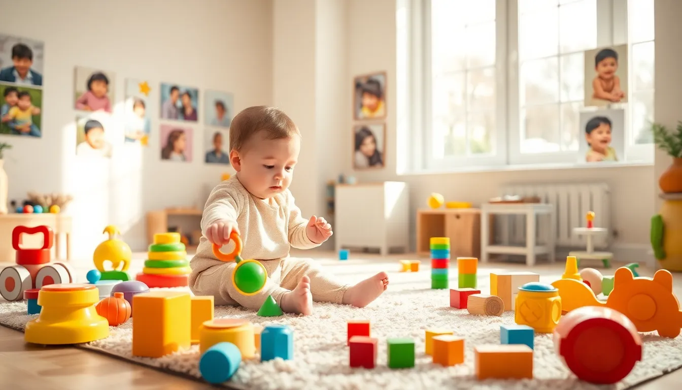 infant exploring toys in a bright playroom.