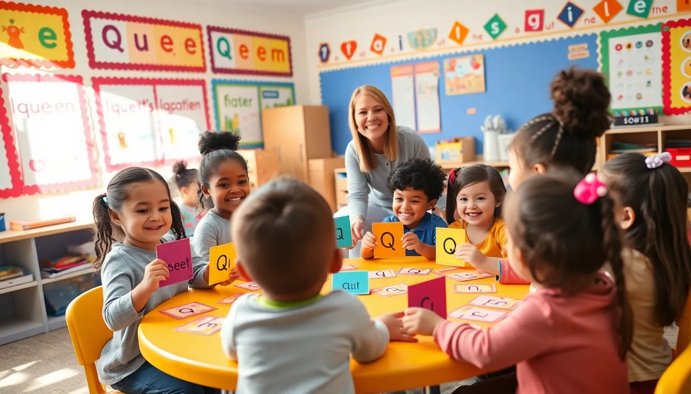 preschoolers learning words that start with Q in a colorful classroom.