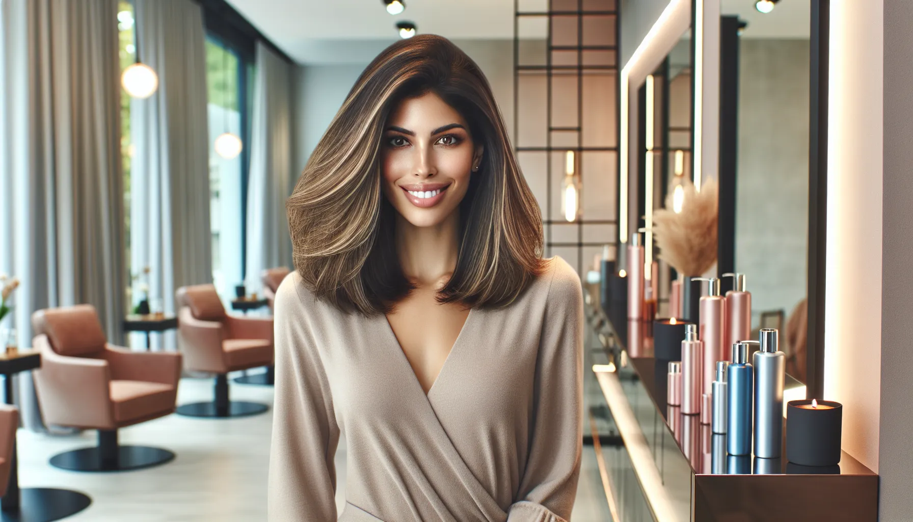 woman with thin layered shoulder-length hair in a modern salon.