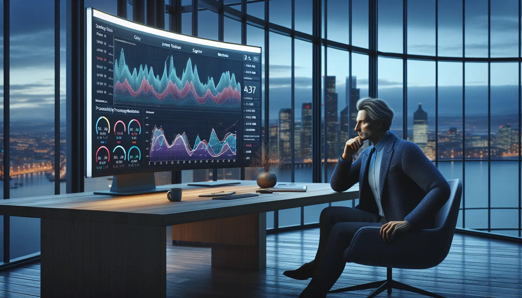 Norwegian business leader studying volatile financial graphs on screens in a modern office.