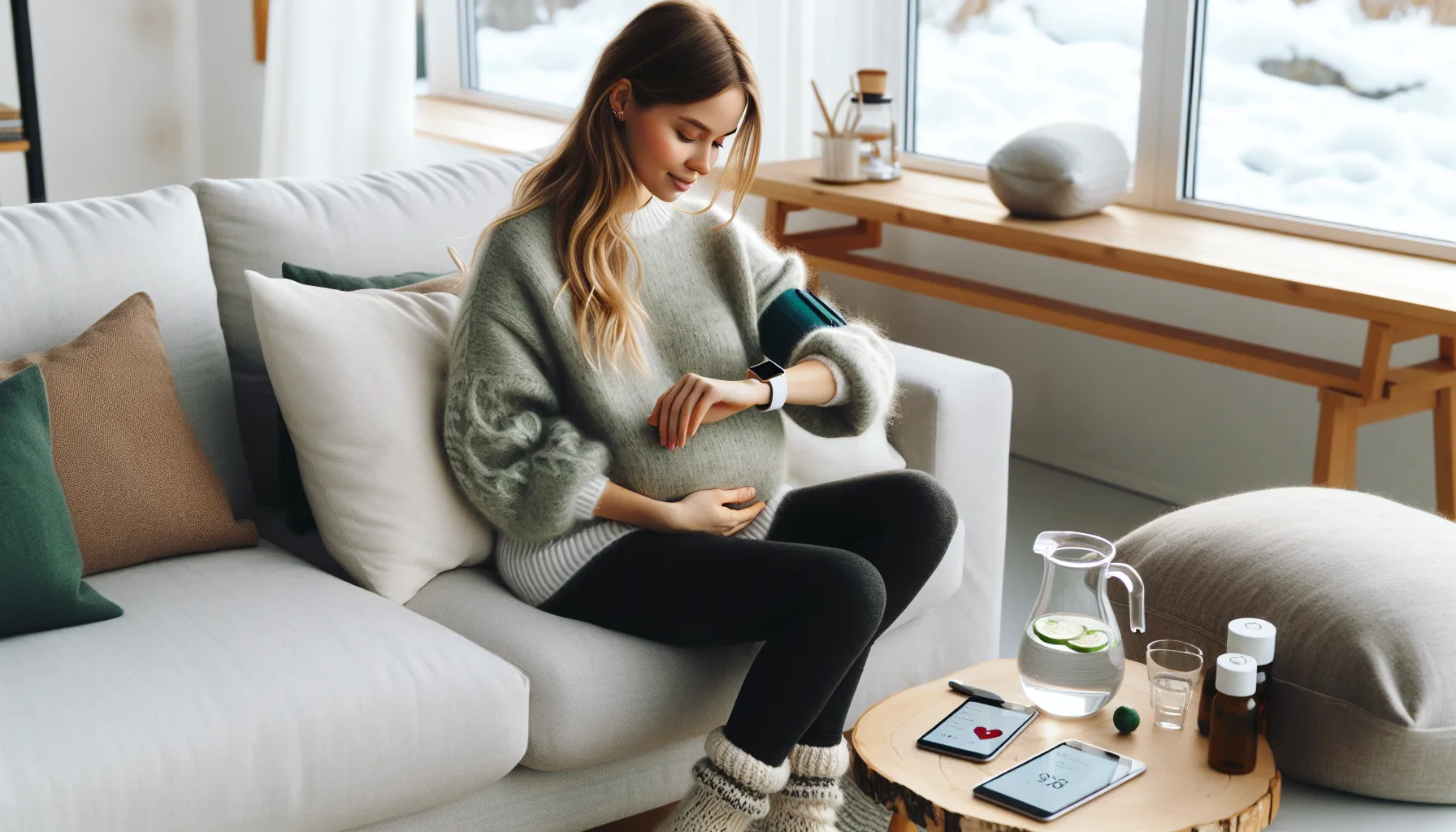 Pregnant woman checks pulse with smartwatch, hydrated and propped on a sofa.